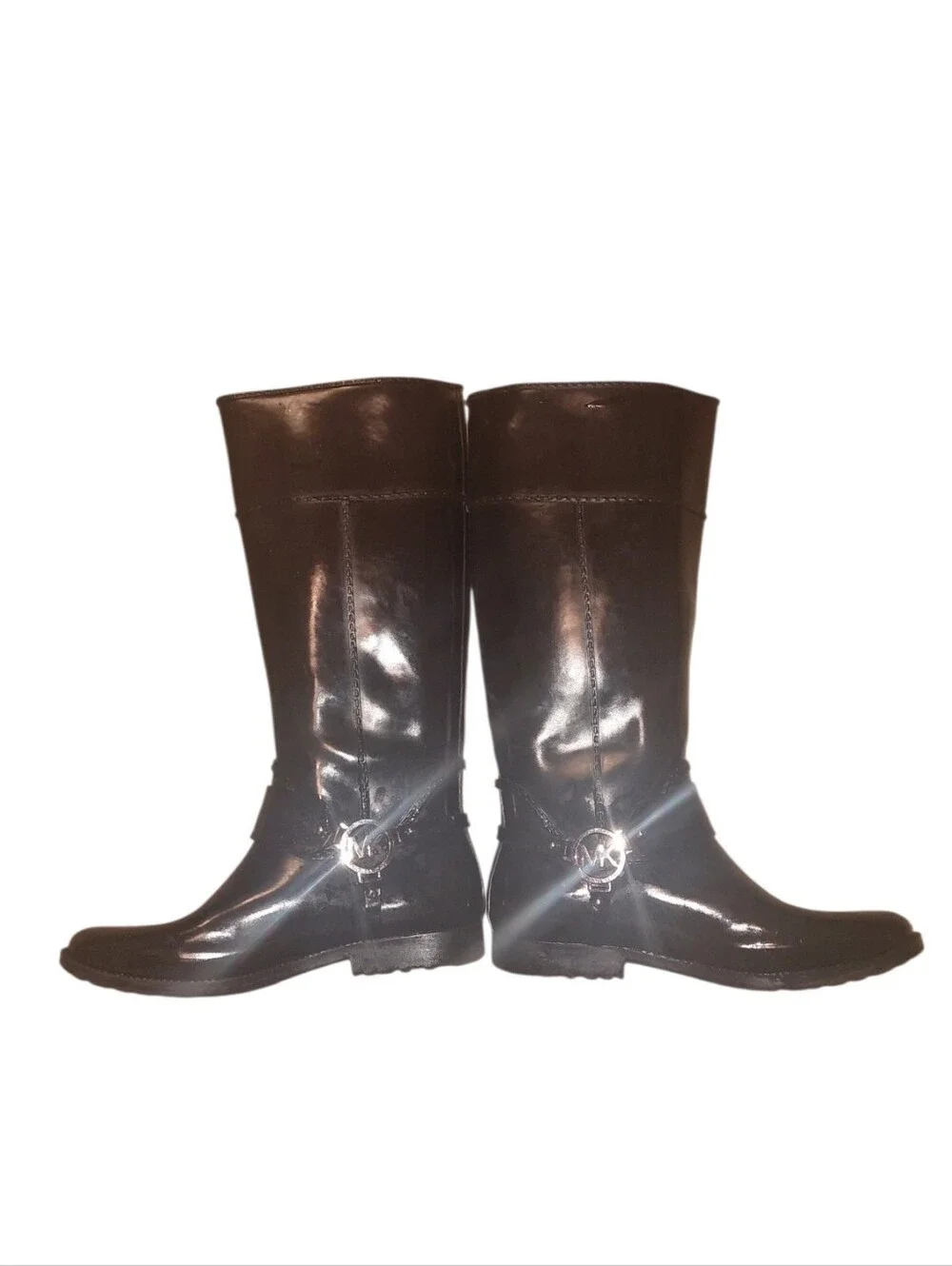 Michael Kors Fulton Black Knee High Rain Boot Logo Harness Size 9